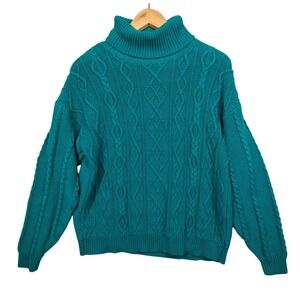 Vintage Teal Cable Fisherman Sweater S Turtleneck Ski Chunky‎ Cozy Winter Vibe